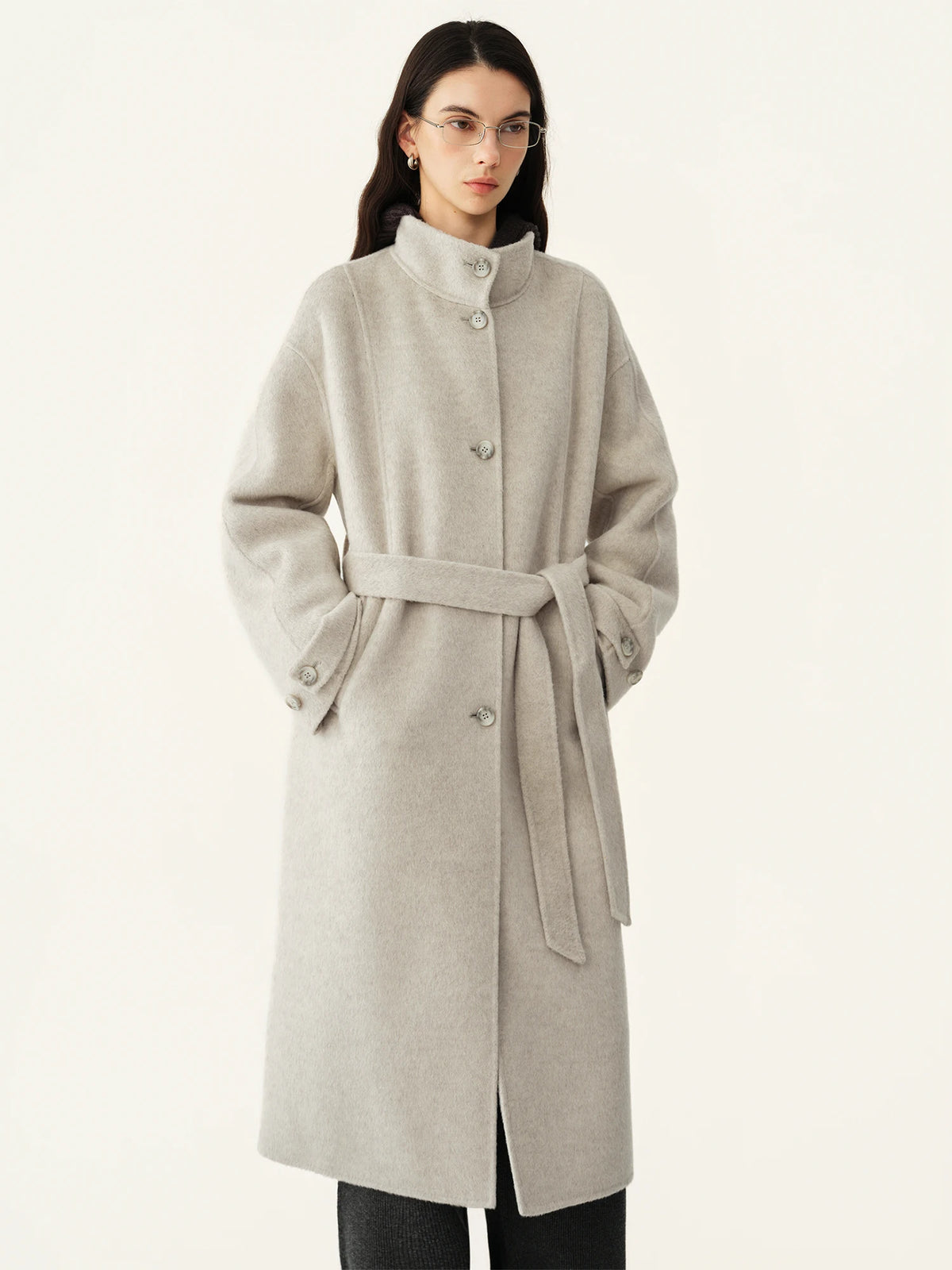 Manteau long en laine à col montant femme – CLEVI Paris