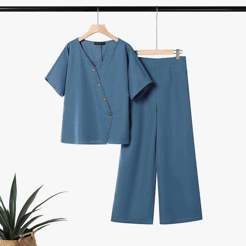 Ensemble 2 Pièces Femme Blouse Col V Manches Mi-Longues Boutonnée + Pantalon Large Taille Mi-Haute Élastique OL Casual 3 Coloris – CLEVI Paris