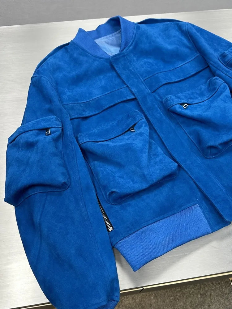 Bomber homme en cuir bleu aspect daim – CLEVI Paris