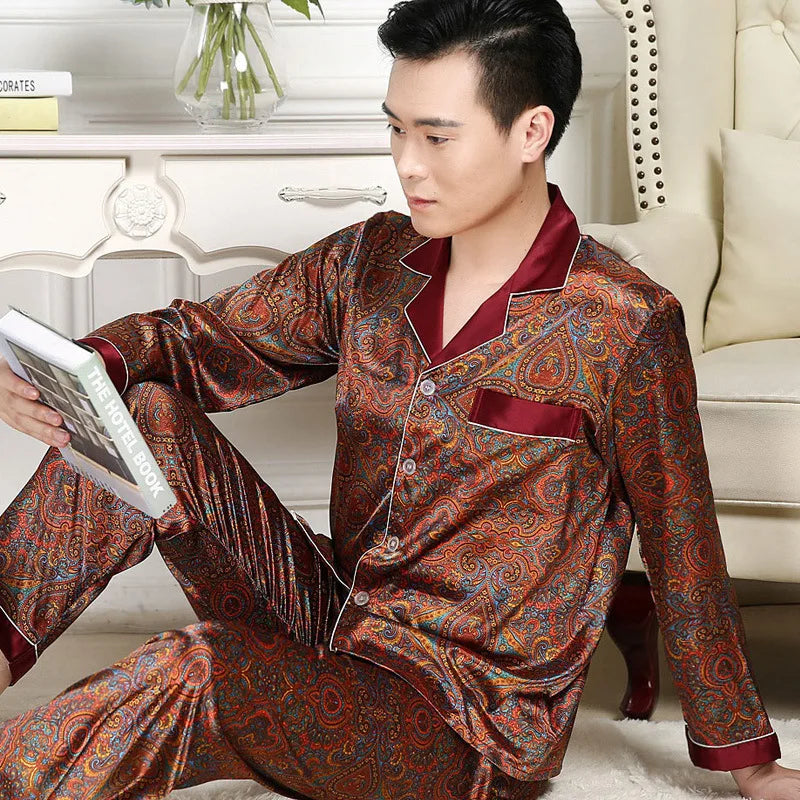 Pyjama Homme 2 Pièces Soie de Glace Satin Col Rabattu Manches Longues Style Luxe Imprimé Printemps Été – CLEVI Paris