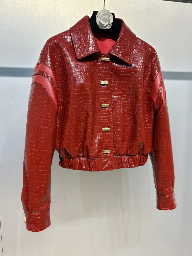 Veste courte femme en cuir effet crocodile – CLEVI Paris