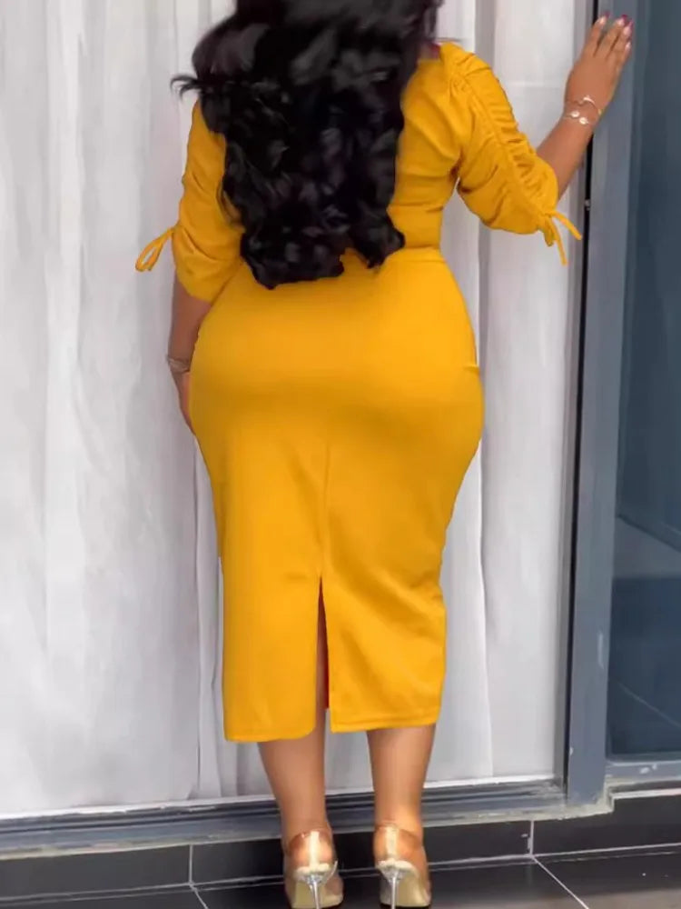 Robe Femme Grande Taille Col V Manches 3/4 Crayon Mi-Mollet Lacets Bureau Casual – CLEVI Paris
