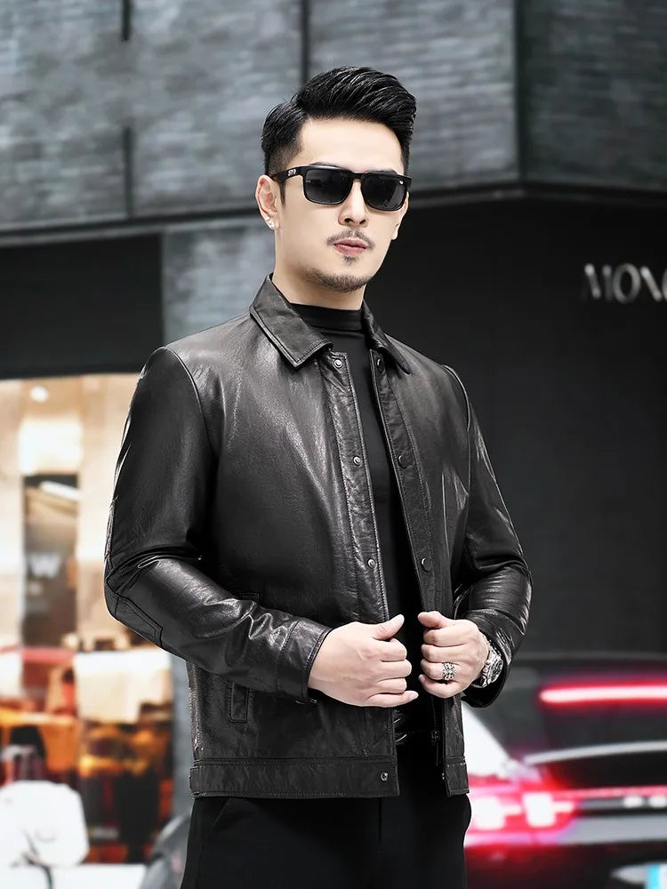 Veste homme en cuir noir boutonnée – CLEVI Paris