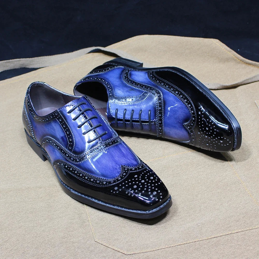 Oxford homme en cuir verni bleu à lacets – CLEVI Paris