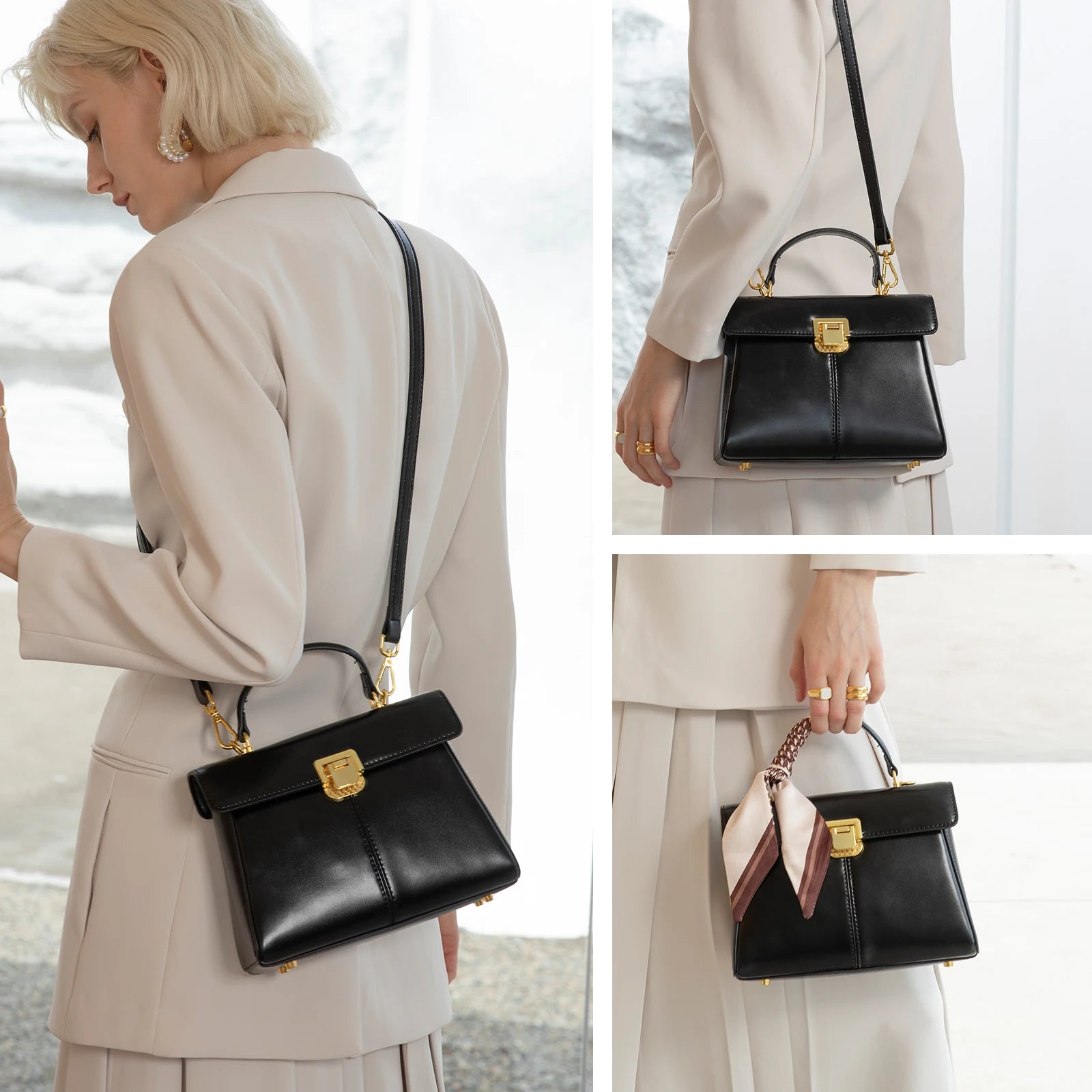 Sac à Main Femme en Cuir Véritable avec Foulard – Sac Épaule Luxe | 5 Coloris | 23.5x17.5x7.5cm