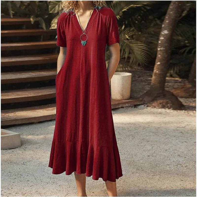 Robe Femme Col V Lacets Manches Courtes Couleur Unie A-line Mi-Mollet – CLEVI Paris