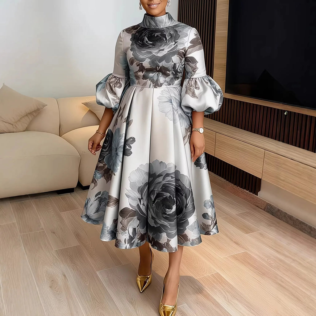 Robe Femme Grande Taille Col Montant Manches Lanterne A-line Mi-Mollet Casual – CLEVI Paris