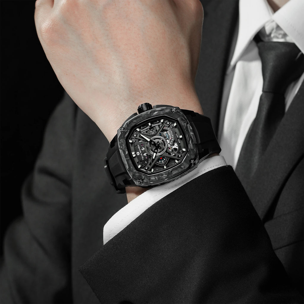 Montre Homme Mécanique Automatique Squelette Fibre de Carbone Verre Saphir Étanche 50m – CLEVI Paris