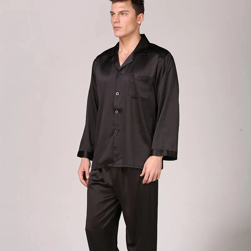 Pyjama Homme 2 Pièces Soie de Glace Satin Col Rabattu Manches Longues Style Luxe Imprimé Printemps Été – CLEVI Paris