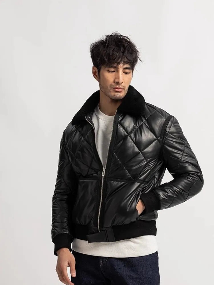 Veste homme en cuir de mouton noir à col rabattu – CLEVI Paris