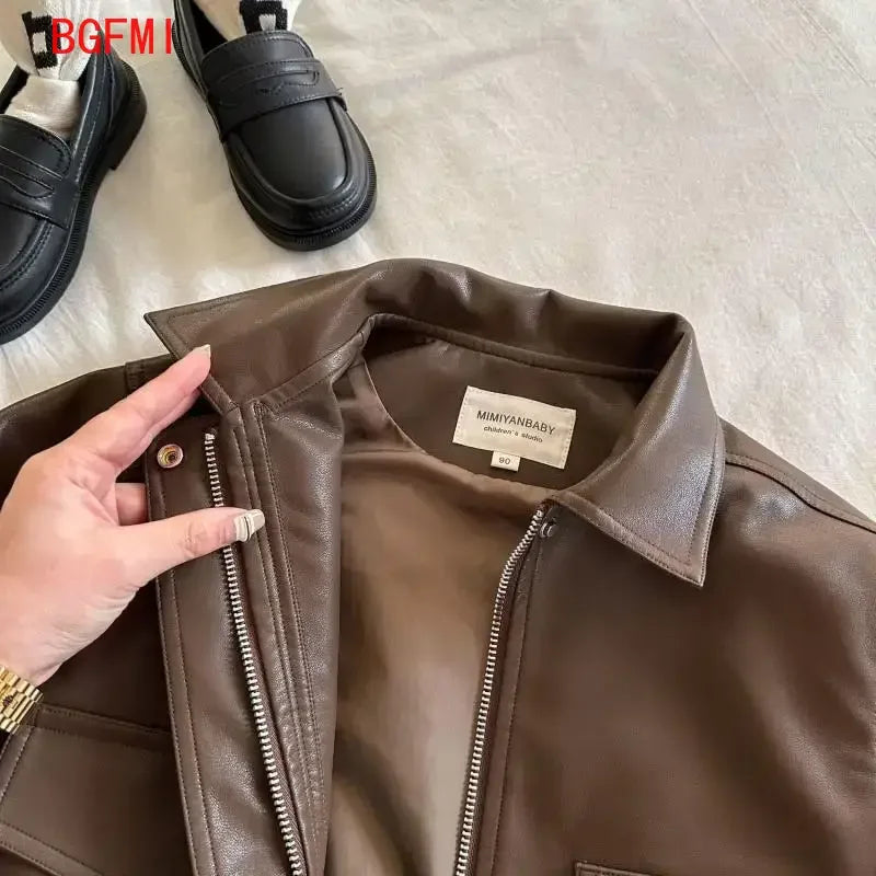 Veste enfant similicuir chocolat zippée – CLEVI Paris