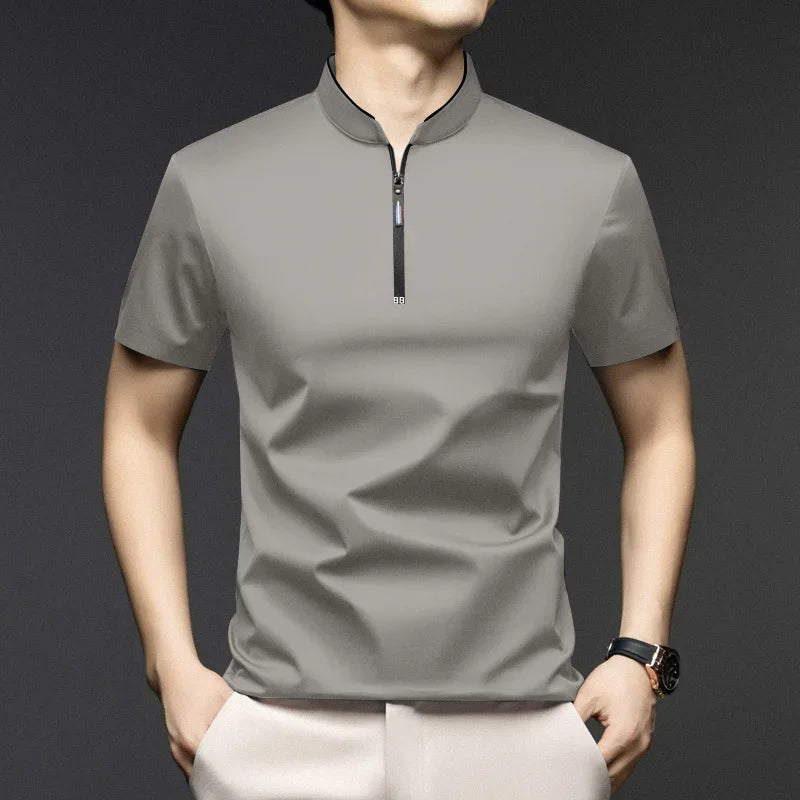 Polo Homme Casual Zip Col Montant Manches Courtes Uni Anti-Froissage S-4XL – CLEVI Paris