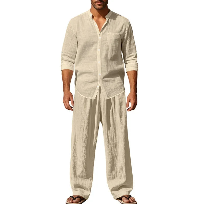 Ensemble 2 Pièces Homme Lin Chemise Manches Longues + Pantalon Style Casual Américain 4 Saisons – CLEVI Paris