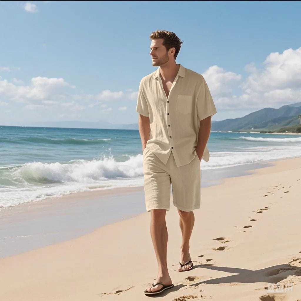 Ensemble 2 Pièces Homme Lin Chemise Manches Courtes + Short Casual Plage Été – CLEVI Paris