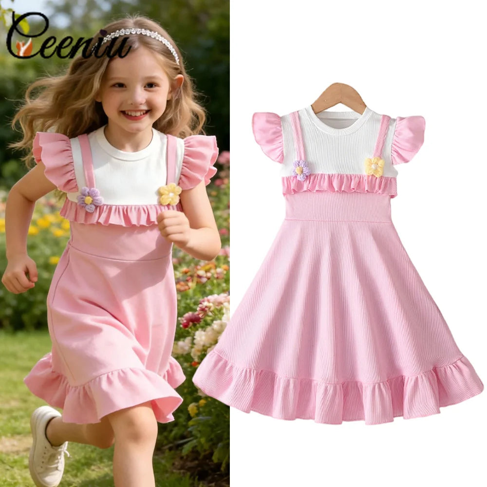 Robe fille rose à fleurs en relief – CLEVI Paris