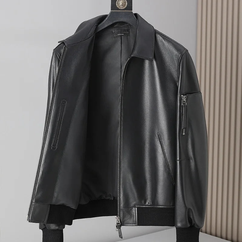 Veste homme en cuir à col rabattu zippée – CLEVI Paris