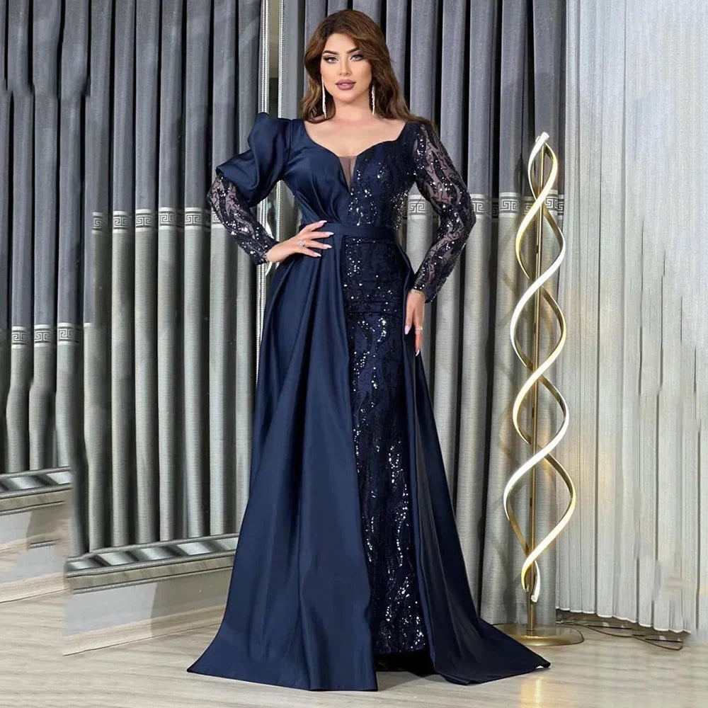 Robe de bal satin dentelle manches longues – CLEVI Paris