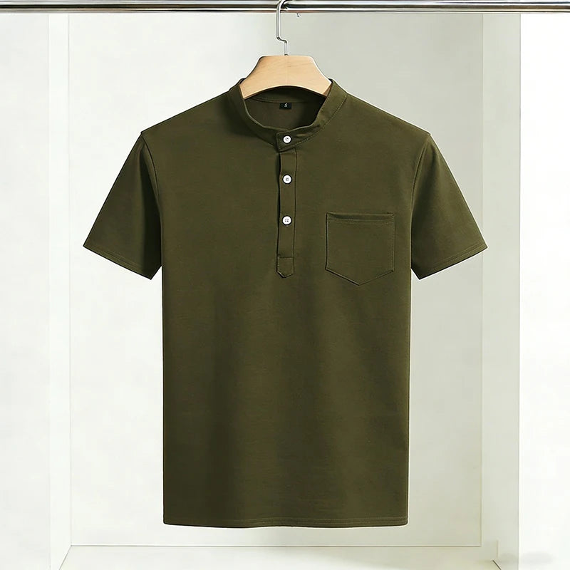 T-Shirt Col Tunisien Homme Manches Courtes Poche Poitrine – CLEVI Paris