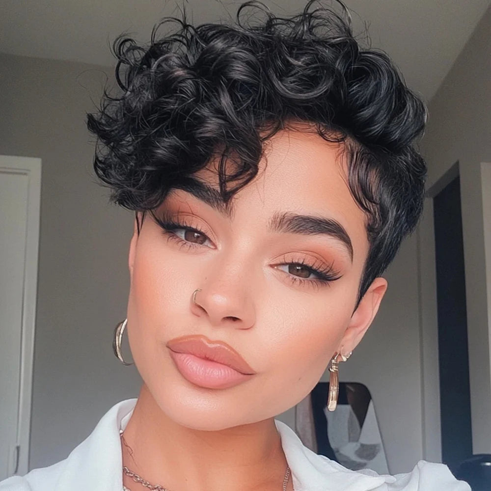 Perruque Pixie Cut 6 Pouces Loose Curly Avec Frange Dégradée Cheveux Humains Brésiliens Bonnet Rose Machine Made – CLEVI Paris