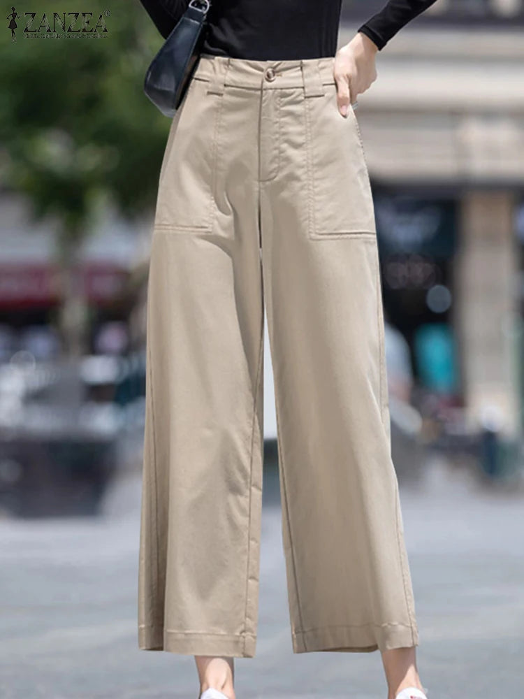 Pantalon Femme Taille Haute Jambe Large Uni Poches Style Casual Toutes Saisons – CLEVI Paris