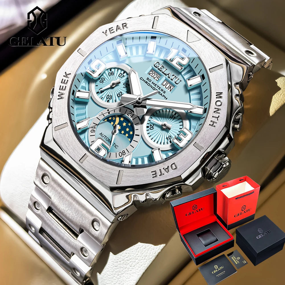 GELATU 6030 Montre Homme Automatique Phase de Lune Saphir Acier 316L 50M – CLEVI Paris
