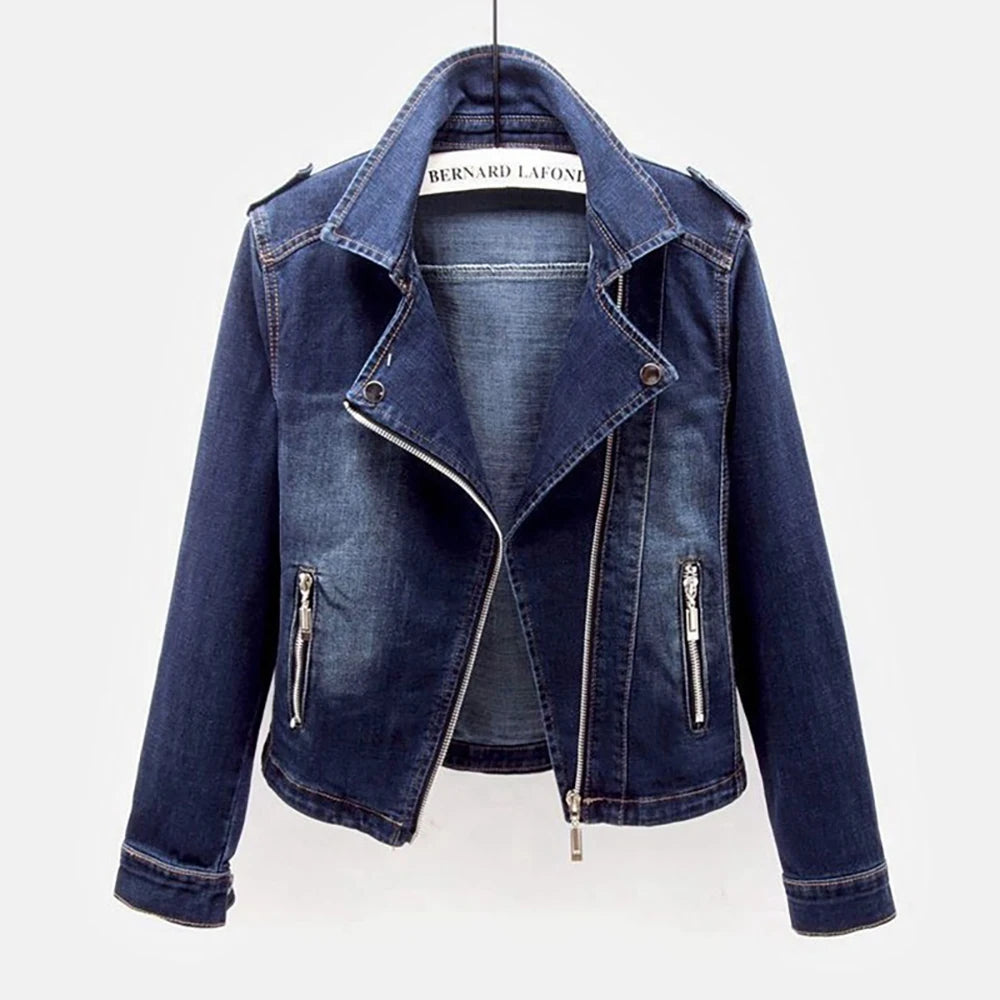 Veste biker en jean femme à col revers – CLEVI Paris