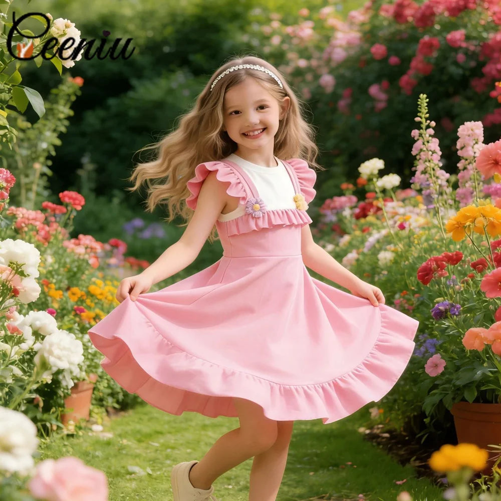 Robe fille rose à fleurs en relief – CLEVI Paris