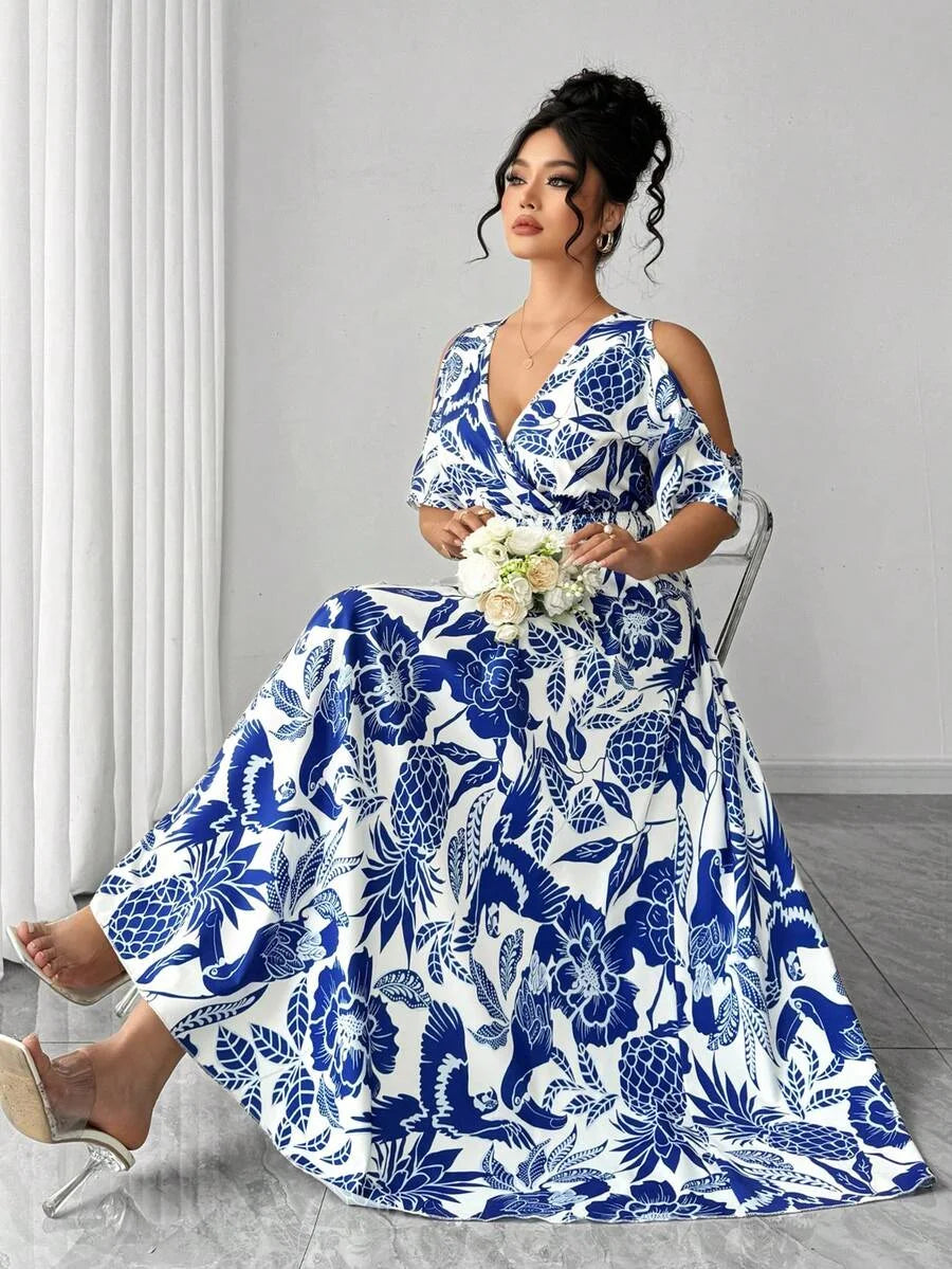 Robe Bohème Grande Taille Femme Imprimé Floral & Oiseaux Taille Cintrée Vacances – CLEVI Paris