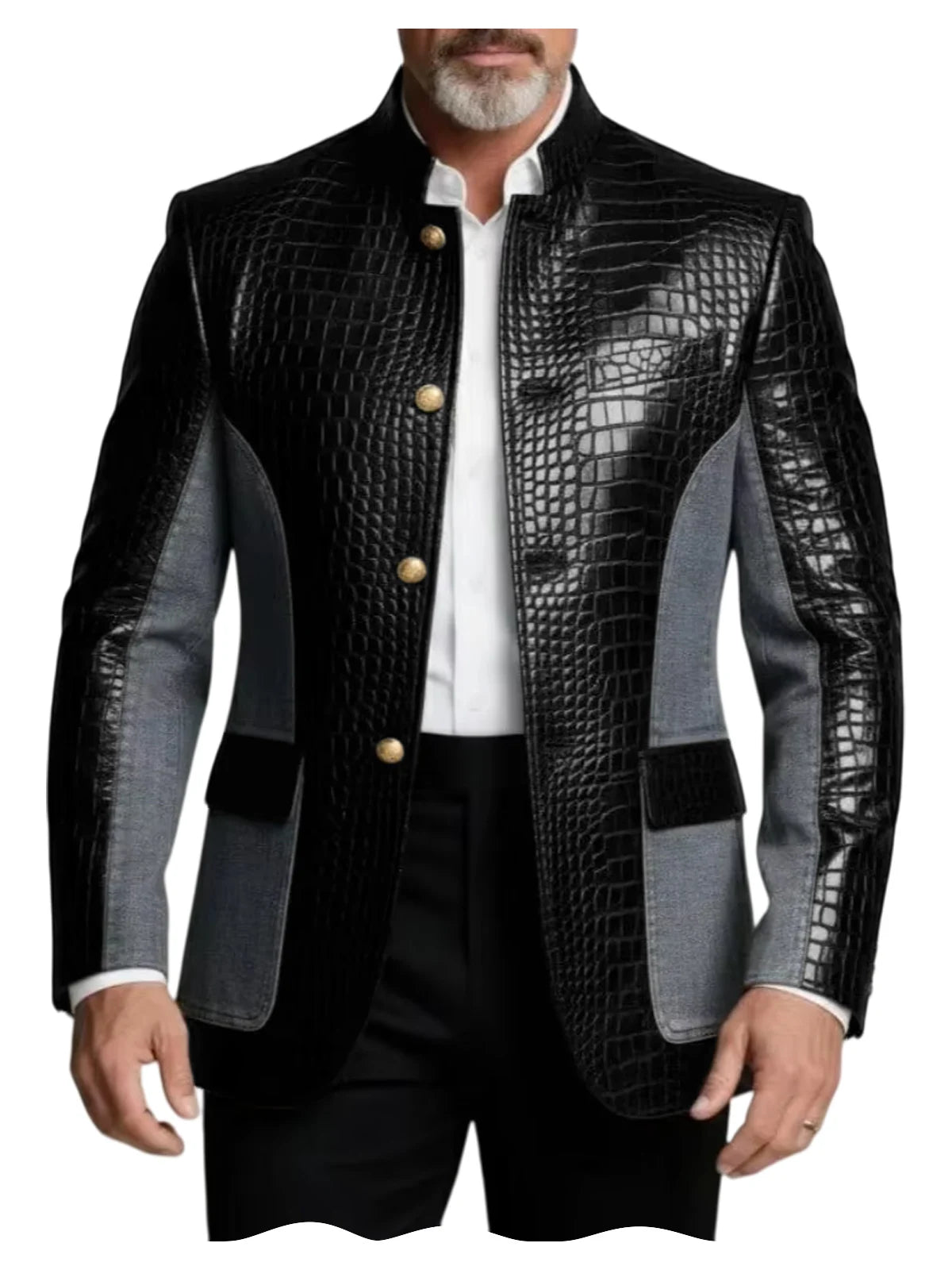 Blazer en cuir PU de luxe marron pour homme, effet croco, patchwork denim, col montant, coupe ajustée, idéal pour affaires, décontracté ou soirée