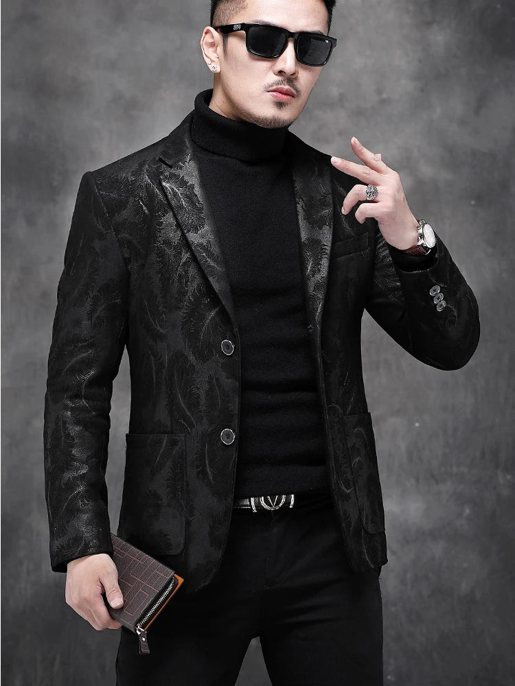 Blazer homme en cuir noir motif plumes – CLEVI Paris