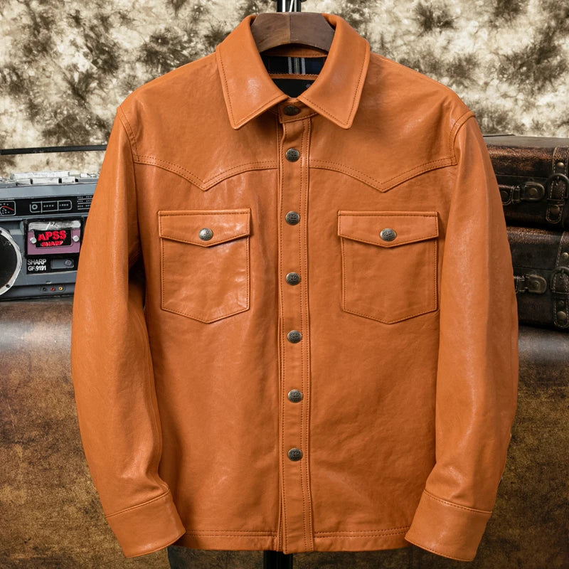 Veste homme orange en cuir de mouton – CLEVI Paris