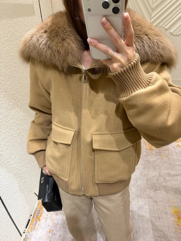 Blouson femme en laine à col renard – CLEVI Paris
