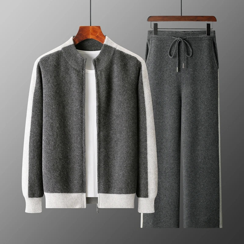 Ensemble Jogging Homme 100% Laine Mérinos MVLYFLRT – Cardigan Zippé + Pantalon Tricot Épais – Gris, S à XXL – CLEVI Paris