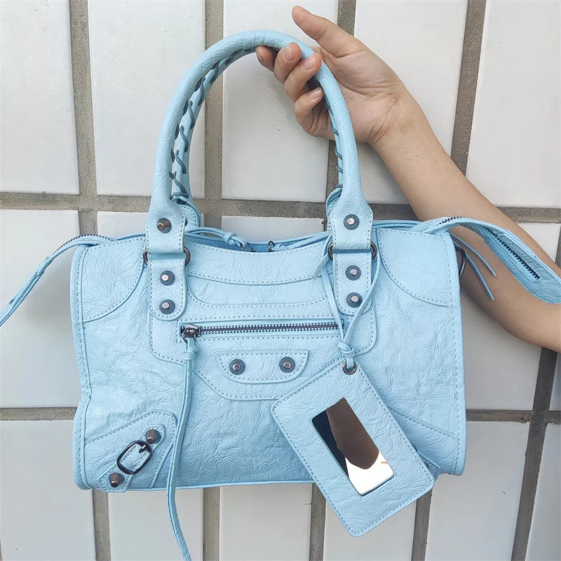 Sac À Main PU Froissé Rivets Femme Miroir & Pompon 4 Tailles – CLEVI Paris