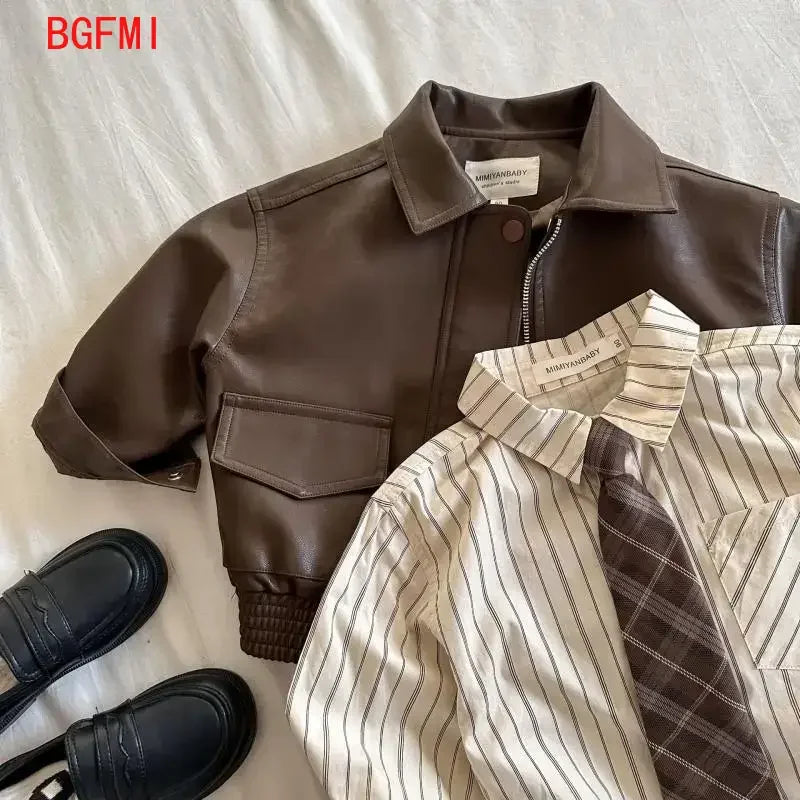 Veste enfant similicuir chocolat zippée – CLEVI Paris