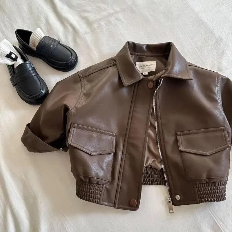 Veste enfant similicuir chocolat zippée – CLEVI Paris