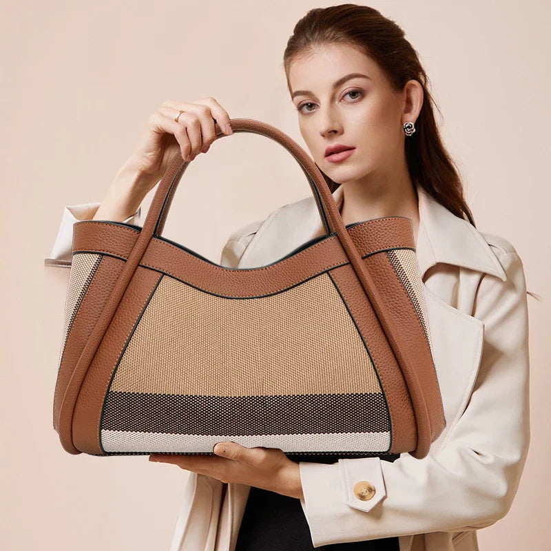 Tote Bag Toile & Cuir Femme Motif Carreaux Anses Larges – CLEVI Paris