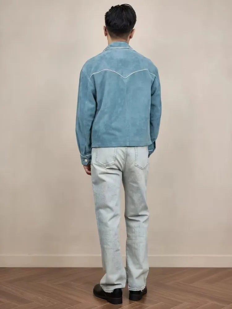 Blouson homme bleu aspect daim à liserés – CLEVI Paris