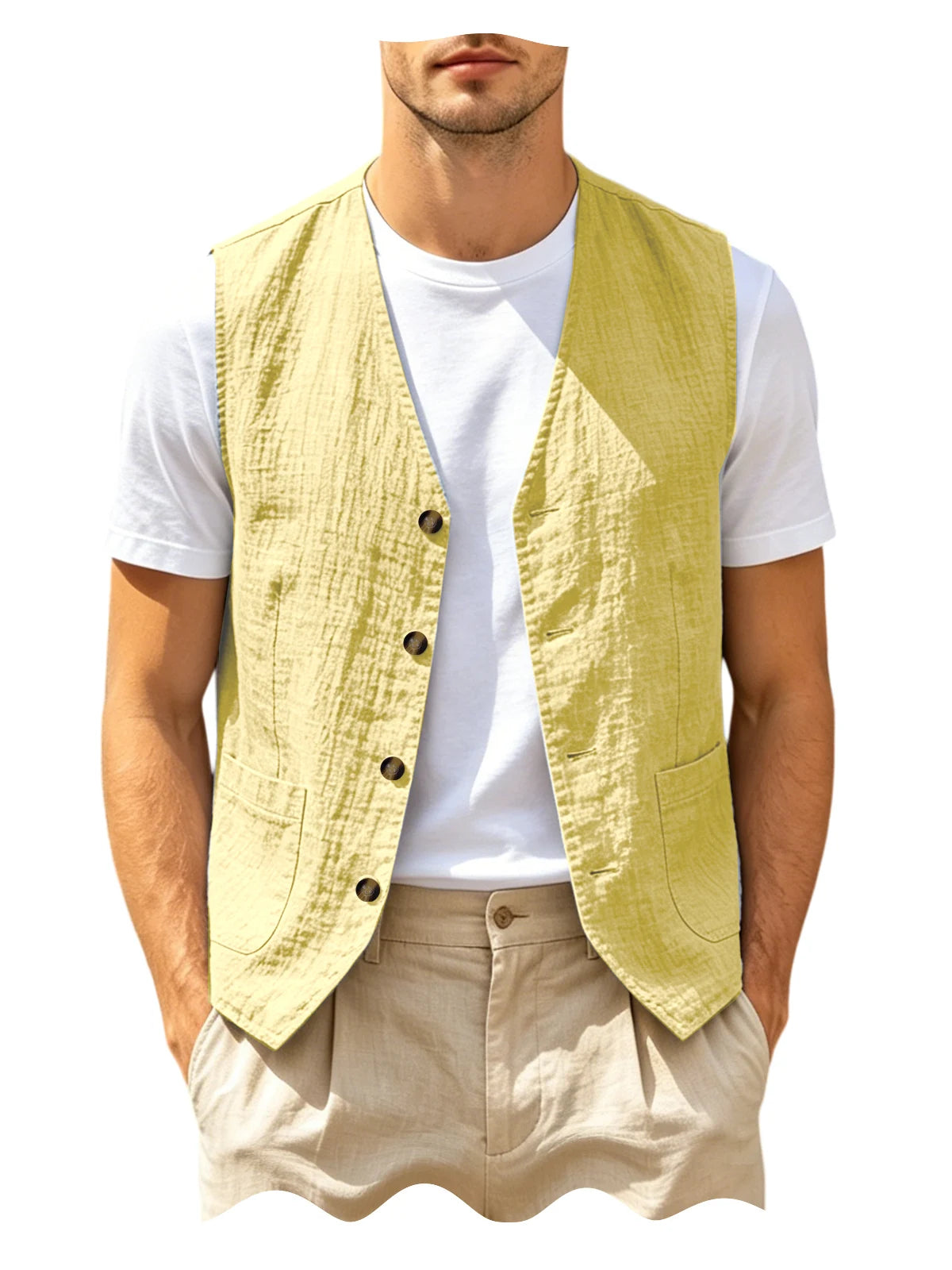Gilet homme en lin col V – CLEVI Paris