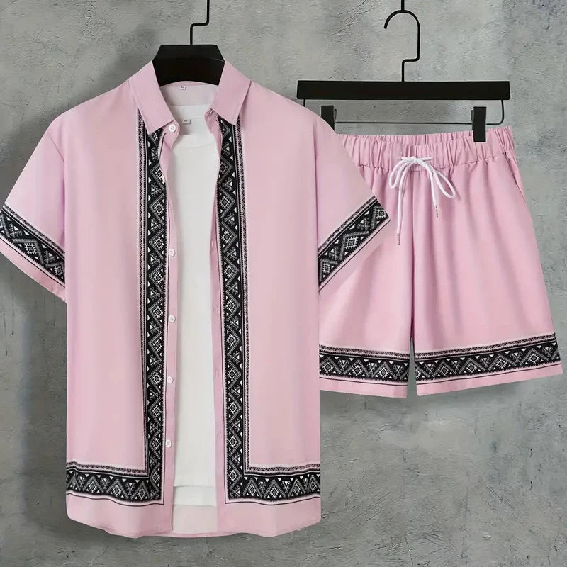 Ensemble 2 Pièces Homme Chemise Manches Courtes Col Cranté Imprimée Boutonnée + Short Cordon Style Hawaïen Beach Rétro Grande Taille – CLEVI Paris