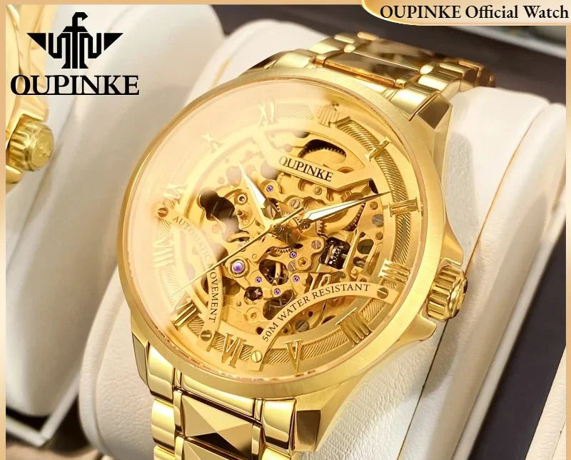 OUPINKE 3210 Montre Homme Automatique Squelette Saphir Chiffres Romains 5ATM – CLEVI Paris