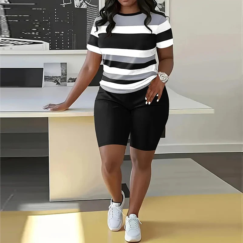 Ensemble 2 Pièces Femme Top Rayé Manches Courtes & Short – CLEVI Paris