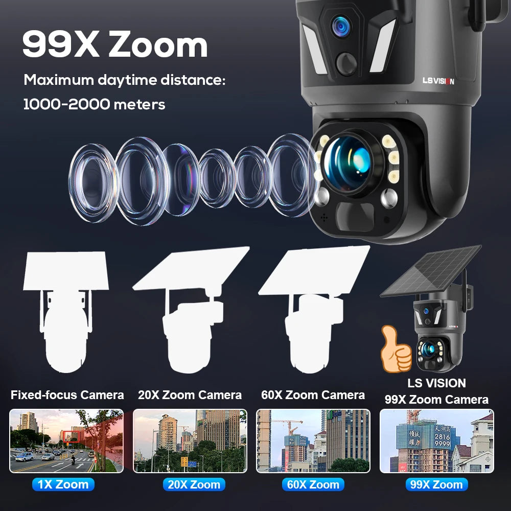 Caméra Solaire LS VISION 8MP Zoom 99x PTZ 355° 4G/Wi-Fi Portée 2000m IR 40m IP66 UBox – CLEVI Paris
