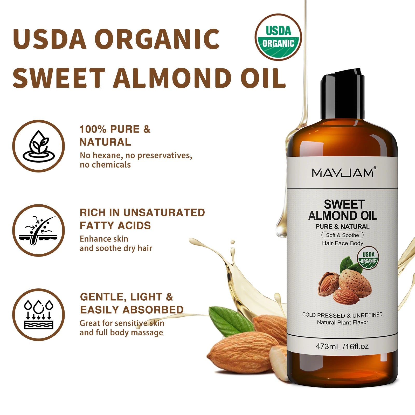 Huiles Végétales Pures MAYJAM 473ml – Argan, Jojoba, Coco, Amande Douce & Plus – CLEVI Paris