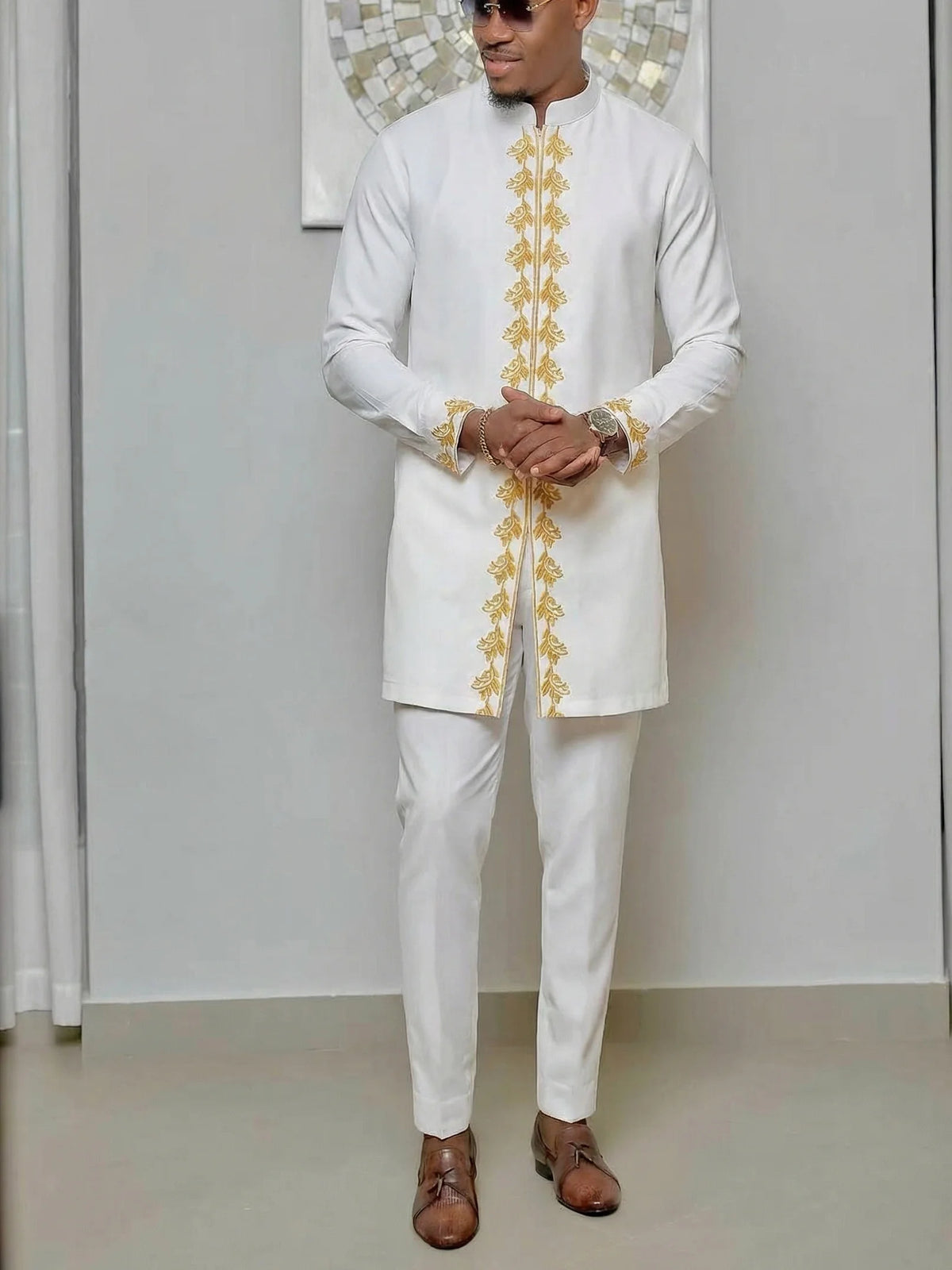 Ensemble Kaftan Africain Homme 2 Pièces – Costume Brodé Manches Longues – CLEVI Paris