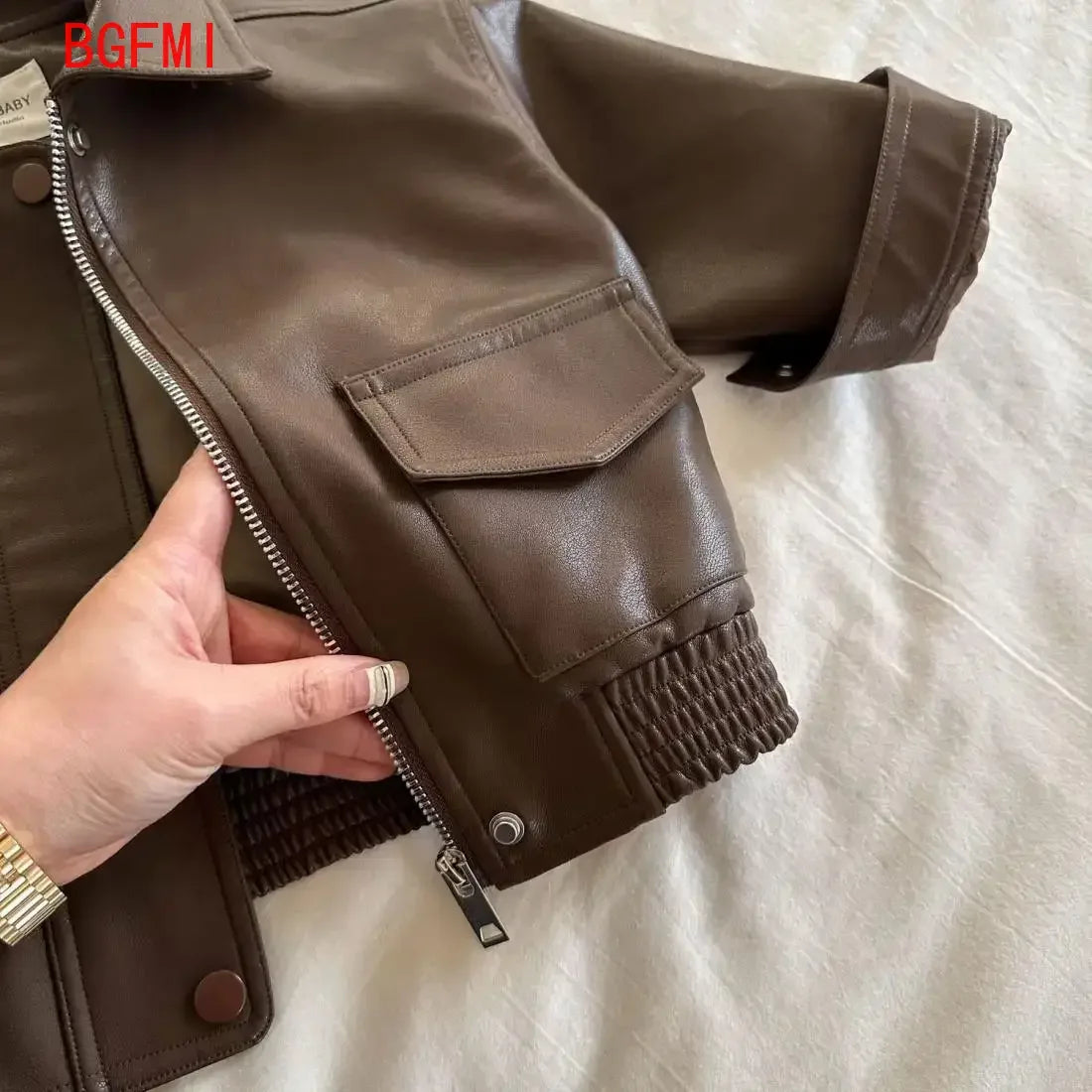 Veste enfant similicuir chocolat zippée – CLEVI Paris