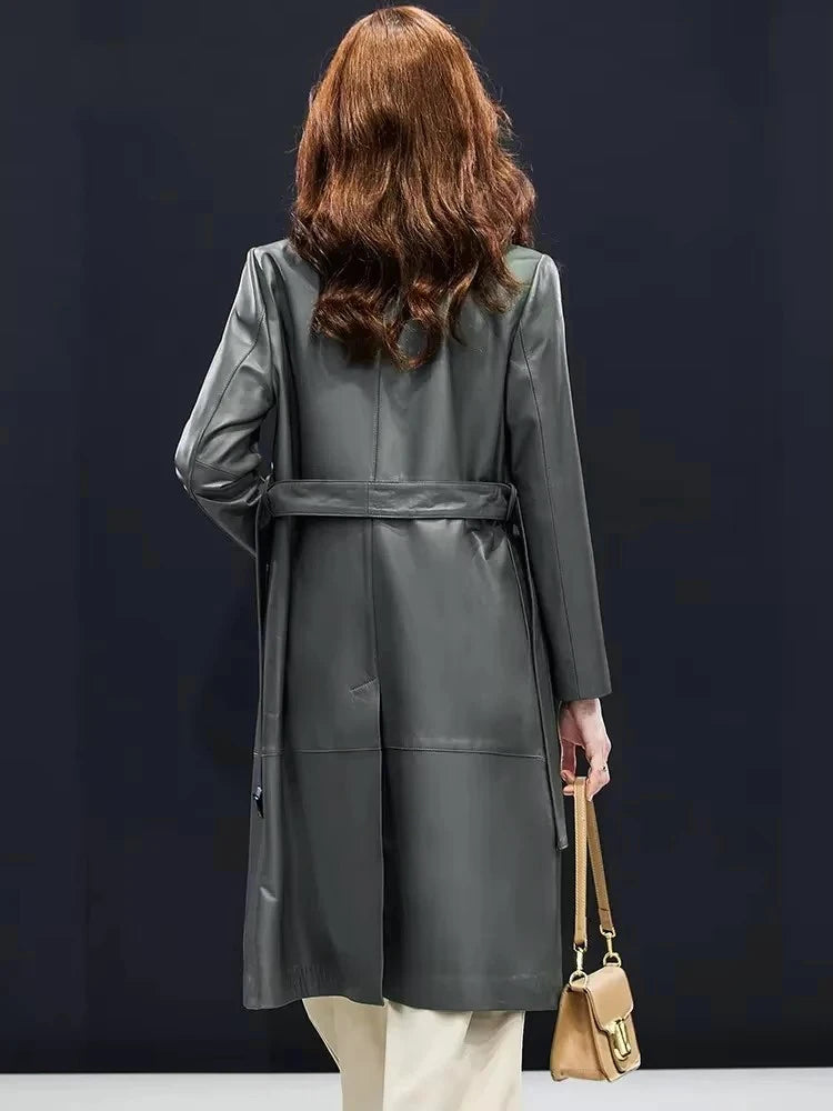 Manteau long femme cuir de mouton ceinturé – CLEVI Paris