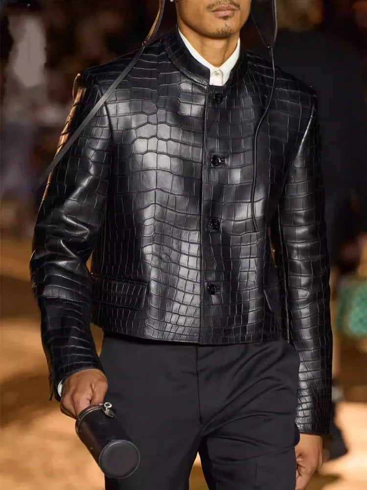 Veste homme en cuir noir motif crocodile – CLEVI Paris