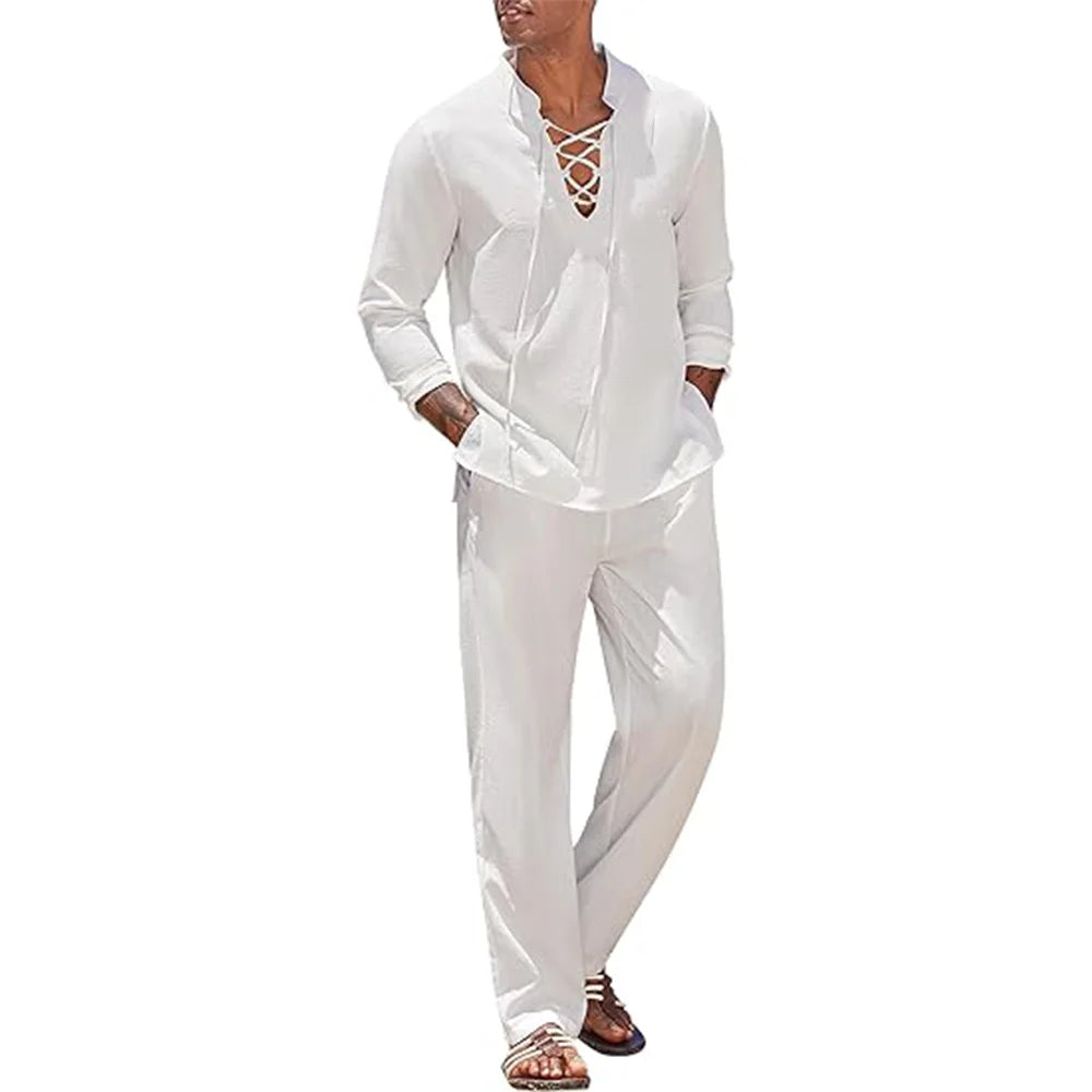 Ensemble Homme Chemise Col Mao Manches Longues + Pantalon Taille Élastique Coton Lin Plage Vacances – CLEVI Paris