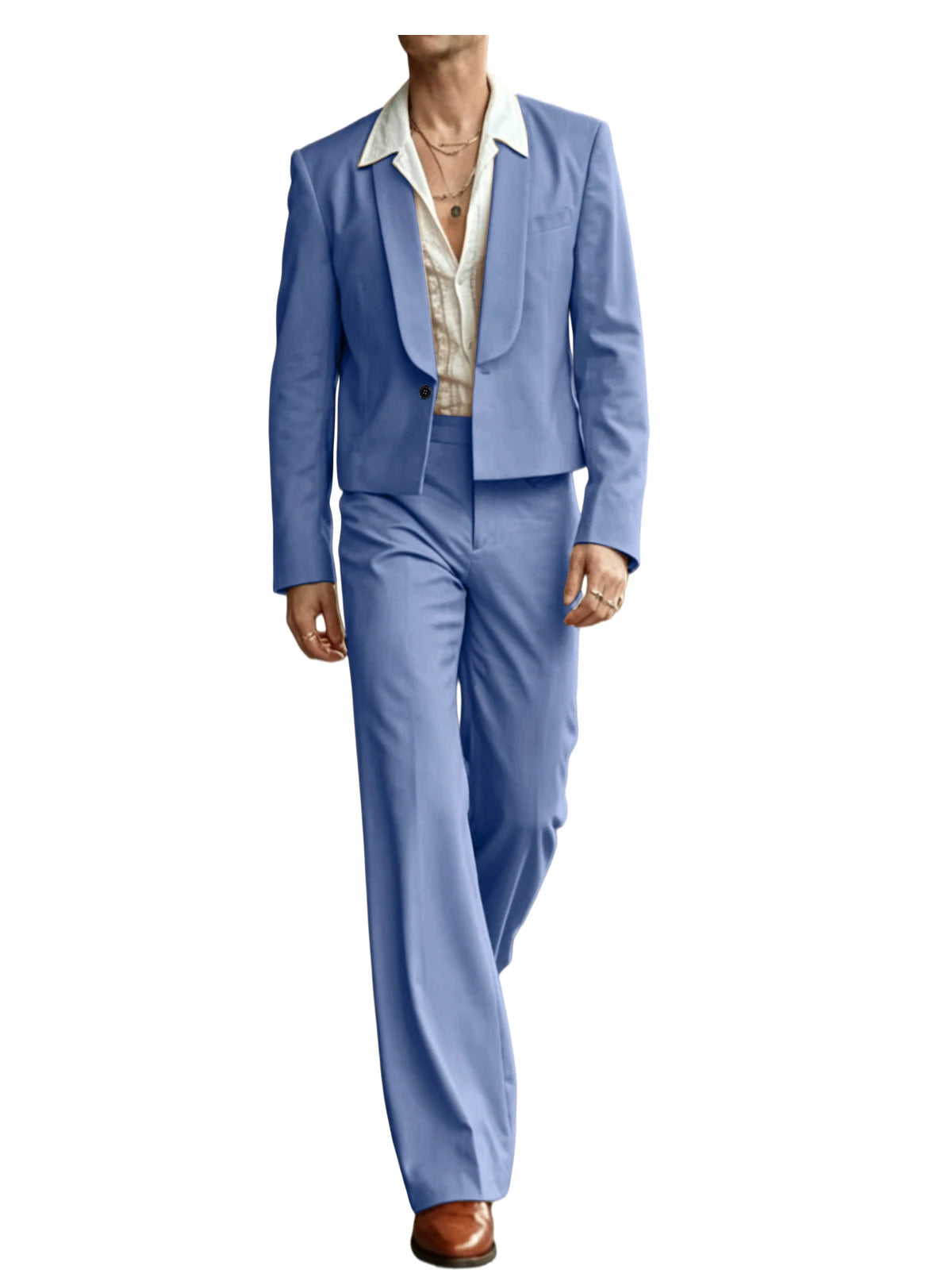 Costume 2 Pièces Homme Blazer Court Col Châle + Pantalon Évasé Taille Haute Style Vintage Slim Fit – CLEVI Paris